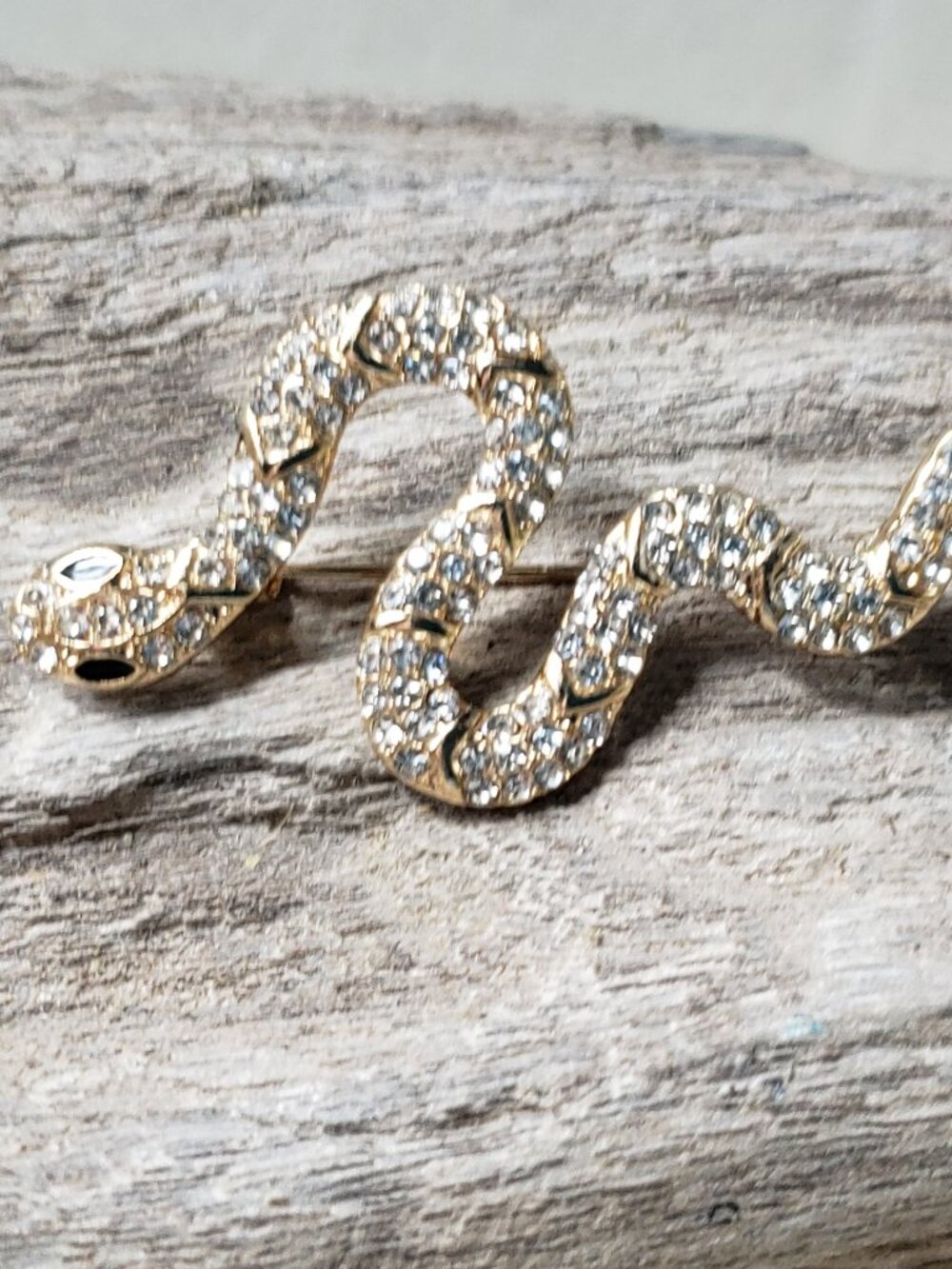 New Rhinestone Studded Snake Brooch Pin Clear and Black Stones